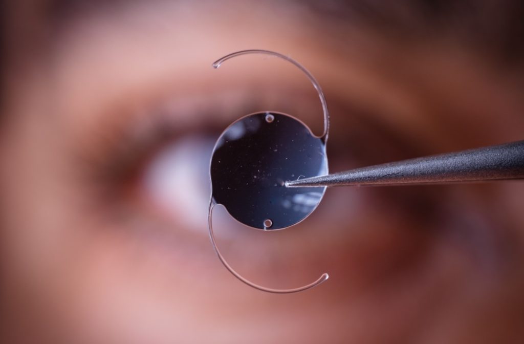 A close-up image of an intraocular lens that's used to replace a cloudy lens during cataract surgery.