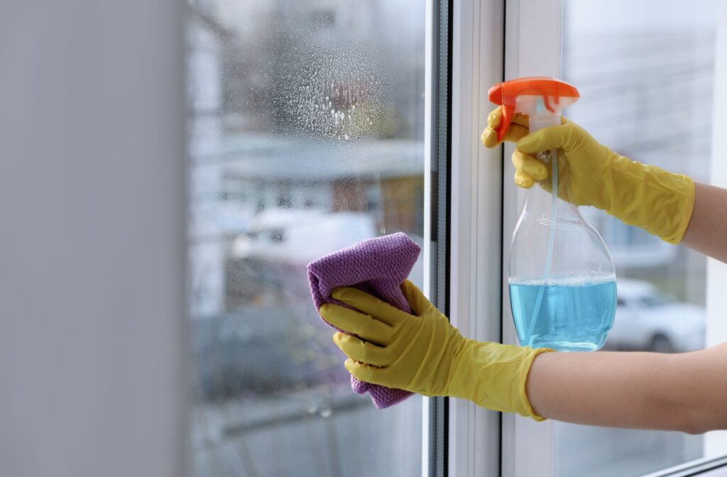 Someone cleaning a window in their home with a blue spray and a cloth