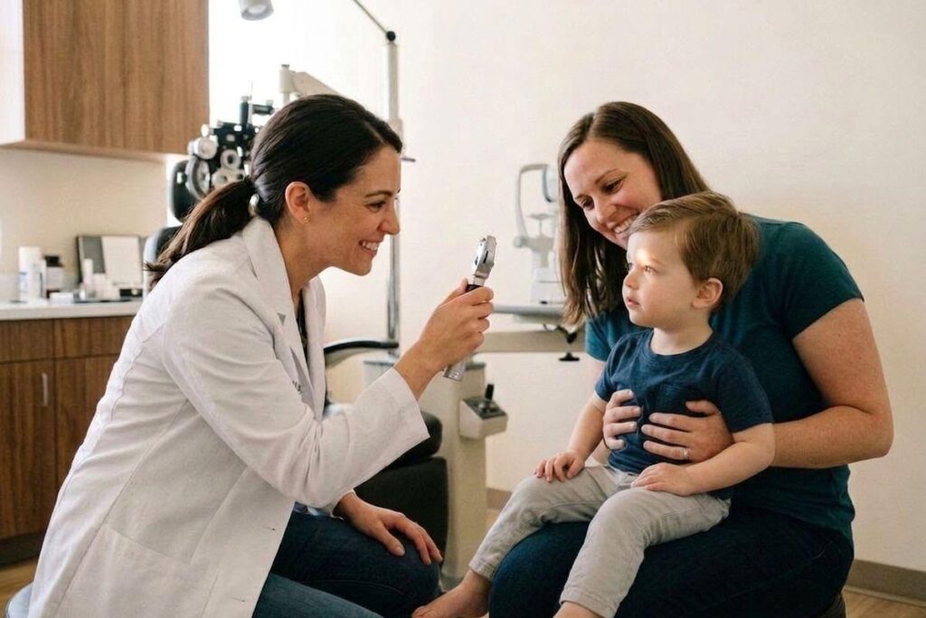 Optometrist shines a light into a young child's eye as the child sits on an adult's lap in an exam room.