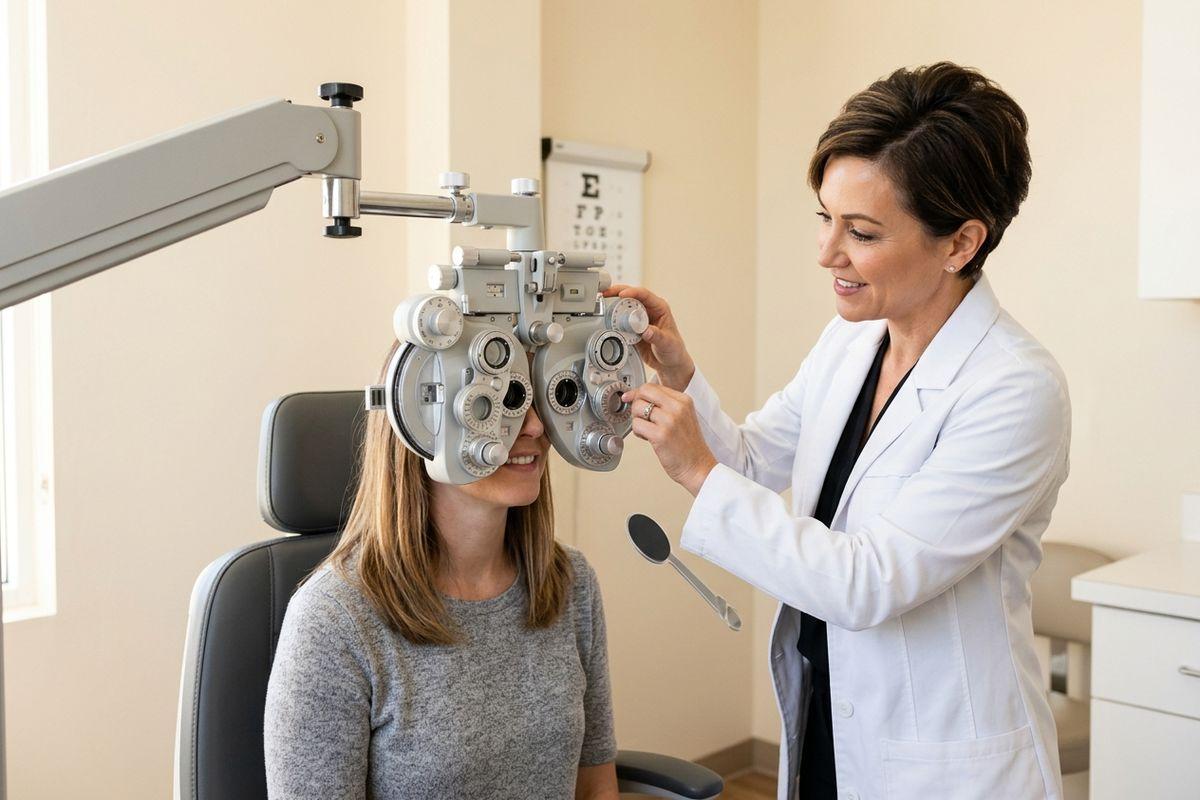 Optometrist adjusting a phoropter for a patient during an eye exam, both smiling, with an eye chart in the background.