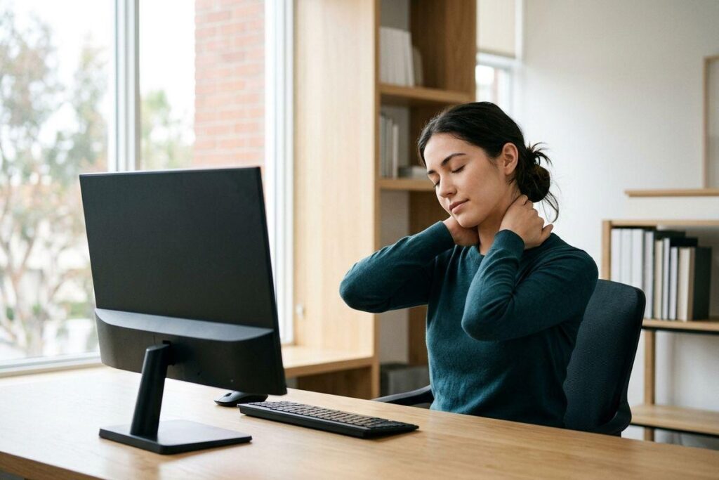 Person at a desk with a computer monitor, eyes closed, rubbing their neck with both hands.