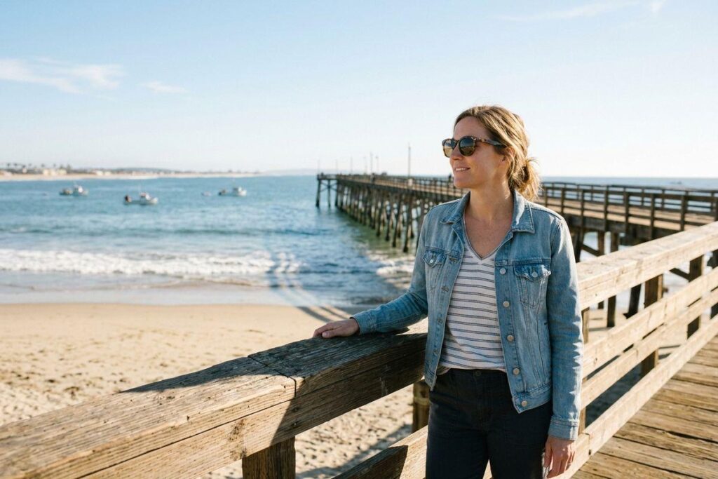 A person in sunglasses smiling by a wooden pier railing, with beach, ocean, and boats behind.