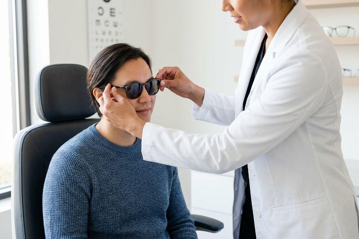 Optometrist fitting sunglasses on a person in an eye exam room with an eye chart in the background.