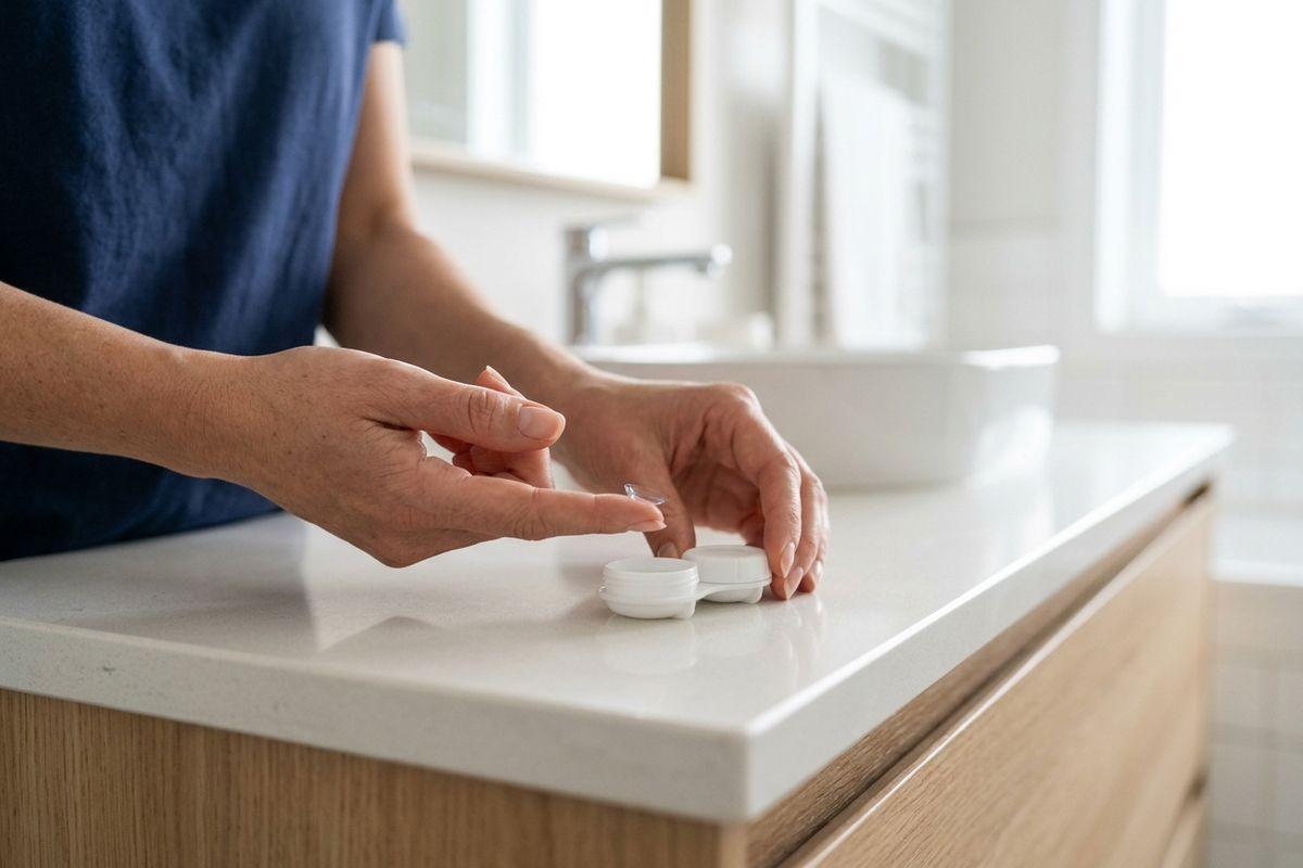 Person holding a contact lens on a fingertip beside an open contact lens case on a bathroom counter.