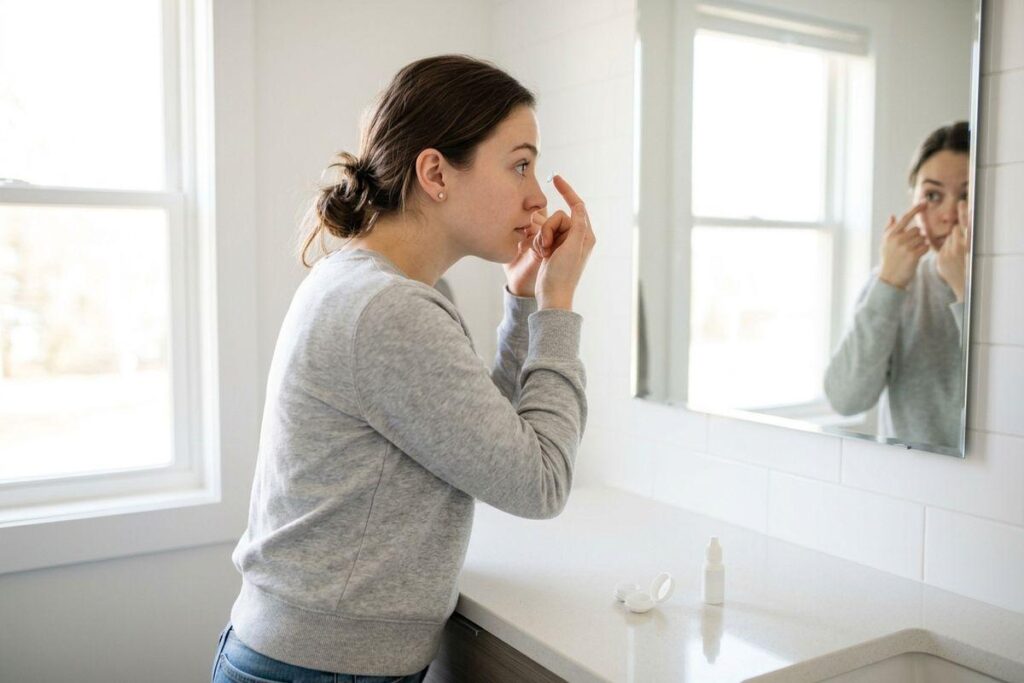 Person inserting a contact lens while looking in a bathroom mirror, with lens case and solution on the counter.